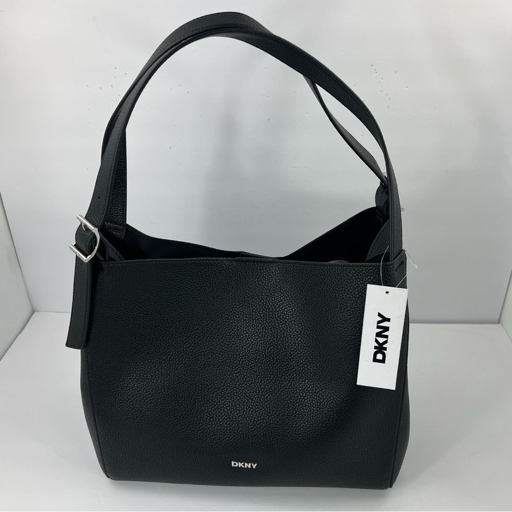 DKNY MILLER TRIPLE COMPARTMENT TOTE BAG/PURSE, BLACK FAUX IMPRINTED LEATHER